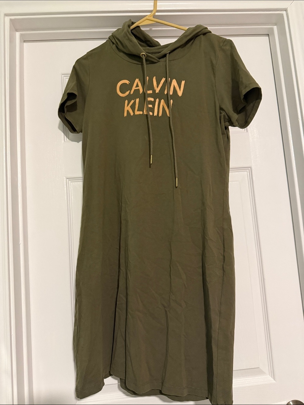 Calvin Klein Olive Hooded Tee Dress with Tan Logo